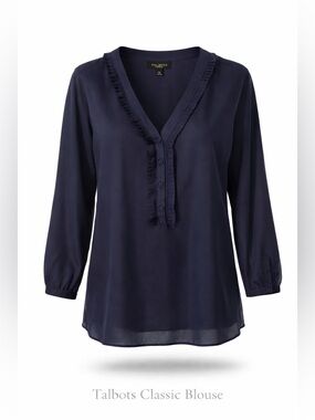 Talbots Navy Blouse XL Coastal Chic Lightweight Ruffle Trim V-Neck Summer Layer